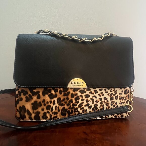 NWT-Guess L A-Iseline-Convertible Crossbody Bag-Leopard Print-Black-Chainlink - Picture 1 of 8